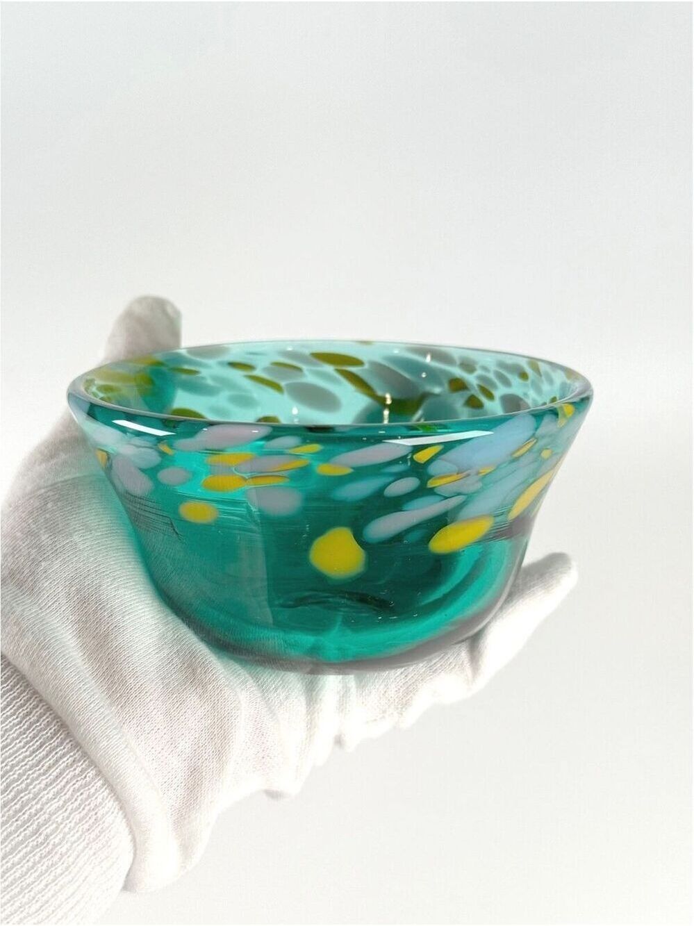 Small Hand-Blown Glass Bowl Signed La Meduse 2004 Studio Art Teal Color Confetti